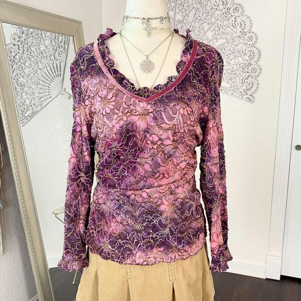 Tribal Euro Label Purple Pink Crushed Velvet Early 2000's Lace Long Sleeve Top L